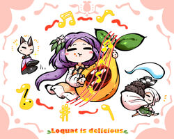  3girls :3 alternate_hairstyle animal_ears bald beamed_sixteenth_notes biwa_lute black_dress black_hairband border cat_ears check_commentary chibi closed_eyes commentary commentary_request dress eating eighth_note english_text extra_ears flower food food_bite food_in_mouth fruit full_body green_dress hair_flower hair_ornament hairband holding holding_food holding_fruit holding_instrument holding_sack imaizumi_kagerou instrument kashuu_(b-q) konpaku_youmu konpaku_youmu_(ghost) leaf leaf_hair_ornament long_hair long_sleeves loquat lute_(instrument) multicolored_clothes multicolored_dress multiple_girls music musical_note orange_dress parted_bangs pink_border playing_instrument pun purple_dress purple_hair quarter_note red_dress running sack sharp_sign simple_background sleeves_past_fingers sleeves_past_wrists touhou tsukumo_benben white_background white_hair 