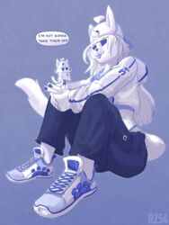  2023 absurd_res anthro artist_name backwards_cap blue_and_white bottomwear clothing dialogue digital_media_(artwork) domestic_cat duo english_text extreme_size_difference felid feline felis female footwear hi_res larger_female mammal micro monochrome pants plantigrade rz54 rz54_(rz54) shoes simple_background size_difference smaller_anthro speech_bubble text 