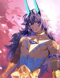  1boy arjuna_(fate) arjuna_alter_(fate) black_hair choker expressionless fate/grand_order fate_(series) flower gem horns looking_at_viewer lotus male_focus meiji_(meiji770) petals tattoo upper_body 