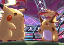  :3 absurdres brown_eyes closed_mouth commentary_request dynamax eye_contact gigantamax gigantamax_(other) gigantamax_pikachu highres light looking_at_another pikachu pokemon pokemon_(creature) raichu shadow stadium standing sweat watagashikn 