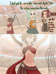  3girls abs absurdres arms_up blurry blurry_background breasts brown_eyes brown_hair centurii-chan_(artist) cleavage commentary crossed_arms english_commentary english_text gladiator gladiator_(centurii-chan) greco-roman_clothes green_eyes green_hair highres holding holding_sword holding_trident holding_weapon manica medium_breasts meme multiple_girls navel nervous_sweating net one_eye_closed original polearm ponytail roman_clothes roman_empire sharp_teeth short_hair sica_(weapon) sidelocks slit_pupils smile sweat sword teeth toned trident uohhhhhhhhh!_(meme) weapon 