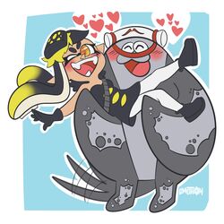  1:1 :3 animal_humanoid anthro big_man_(splatoon) black_tentacles blush bridal_carry callie_(splatoon) carrying_another cephalopod cephalopod_humanoid duo female fish grey_body hi_res humanoid inkling limethe0ry male manta_ray marine marine_humanoid mollusk mollusk_humanoid nintendo ray_(fish) speckled_body splatoon stingray tail tail_motion tailwag tentacle 