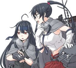  2girls adapted_turret anchor_symbol belt black_hair black_necktie black_sailor_collar blazer blue_headband cannon cape commentary_request cowboy_shot gloves grey_cape hatsushimo_(kancolle) headband jacket kantai_collection long_hair machinery midriff multiple_girls necktie open_mouth pleated_skirt ponytail red_eyes red_skirt rindou_(rindou_annon) sailor_collar school_uniform scrunchie serafuku shirt sidelocks simple_background skirt sleeveless sleeveless_shirt teeth turret upper_body upper_teeth_only white_background white_gloves yahagi_(kancolle) 