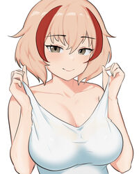  absurdres azur_lane blonde_hair breasts brown_eyes cleavage closed_mouth female highres large_breasts looking_at_viewer multicolored_hair parallelrey red_hair roon_(azur_lane) short_hair simple_background smile solo strap_lift streaked_hair tank_top two-tone_hair upper_body white_background white_tank_top 