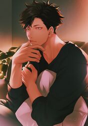  1boy adam&#039;s_apple alternate_costume bad_id bad_twitter_id black_hair black_shirt casual contemporary couch finger_to_mouth grey_eyes haikyuu!! highres kuro_(tsumito) kuroo_tetsurou light lips long_sleeves looking_to_the_side male_focus pillow plant shirt short_hair sitting solo spiked_hair upper_body v-neck 