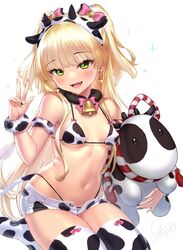  :d animal_ears animal_print artist_name bell black_nails blonde_hair blush bow bowtie breasts chinese_zodiac cow_ears cow_horns cow_print cowbell earrings fake_animal_ears fake_horns fangs female fur_trim green_eyes hand_up heart heart_earrings holding holding_stuffed_toy horns idolmaster idolmaster_cinderella_girls jewelry jougasaki_rika long_hair looking_at_viewer nail_polish navel no_shoes open_mouth pink_hair short_shorts shorts signature simple_background sitting small_breasts smile solo stuffed_animal stuffed_cow stuffed_toy thighhighs thighs two_side_up w wariza white_background white_shorts white_thighhighs yapo_(croquis_side) year_of_the_ox 