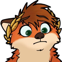  2022 alpha_channel anthro arkos_(fuzzikayu) brown_body brown_fur brown_hair canid canine digital_media_(artwork) fox fur fuzzikayu green_eyes hair laurel_wreath low_res male mammal orange_body orange_fur reaction_image red_fox solo true_fox white_body white_fur wide_eyed 