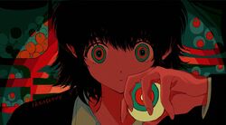  12anchovy abstract_background aqua_eyes bad_id bad_twitter_id black_hair bright_pupils commentary eyeball female fingernails highres holding_eyeball looking_at_viewer medium_hair messy_hair multicolored_eyes original pink_eyes signature solo symbol-only_commentary upper_body white_pupils 