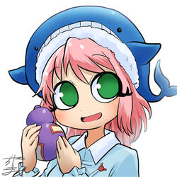  animal_hat blouse blue_hat blue_shirt chamaji check_commentary collared_shirt commentary_request female gourd hat holding long_sleeves looking_at_viewer lowres okunoda_miyoi open_mouth partial_commentary pink_hair profile_picture shirt short_hair signature smile solo touhou upper_body whale_hat 