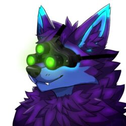  1:1 alpha_channel anthro blue_eyes canid canine canis cody_(wolfrayay) digital_drawing_(artwork) digital_media_(artwork) fur glowing headshot_portrait male mammal night_vision_goggles portrait purple_body purple_fur solo splinter_cell tom_clancy&#039;s_(series) toothy_grin ubisoft wolf wolfrayay 