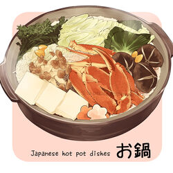  carrot carrot_slice claws cooking_pot corn crab crab_claw english_text food food_focus hotpot le_delicatessen mushroom no_humans noodles original shiitake simple_background spring_onion steam tofu translated vegetable white_background 