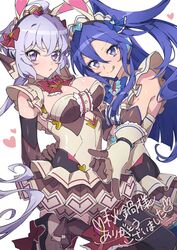  2girls :q ahoge alternate_costume blue_hair breasts cleavage commentary_request cutout_above_navel eyelashes happy high_ponytail high_side_ponytail highres kazanari_tsubasa large_breasts long_hair looking_at_viewer multiple_girls ponytail purple_eyes senki_zesshou_symphogear senki_zesshou_symphogear_xd_unlimited side_ponytail simple_background smile tongue tongue_out translation_request white_background yukine_chris yukitsuba_hina 