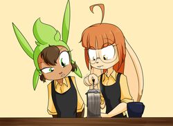  2018 anthro apron brown_body brown_fur brown_hair buckteeth chespin clothing digital_media_(artwork) duo eyelashes eyewear female fingers fur generation_6_pokemon glasses green_eyes hair lagomorph leina_(sandwich-anomaly) leporid mammal multicolored_body multicolored_fur nintendo orange_hair pokemon pokemon_(species) rabbit sandwich-anomaly simple_background standing tan_background tan_body tan_fur teeth victoria_(sandwich-anomaly) work_uniform yellow_eyes 