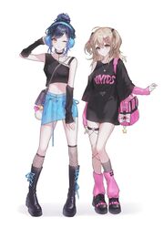  2girls absurdres arm_warmers azusawa_kohane bag black_arm_warmers black_choker black_footwear black_hair blonde_hair blue_hair blue_skirt boots brown_eyes choker commentary crop_top domyo fishnet_socks fishnets full_body gradient_hair hair_bun headphones highres kneehighs long_hair long_shirt multicolored_hair multiple_girls one_eye_closed parted_lips pink_bag pink_leg_warmers project_sekai shiraishi_an shoulder_bag simple_background single_hair_bun single_sock skirt socks thigh_strap two_side_up white_background yellow_eyes 