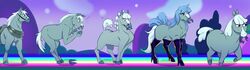  absurd_res armor centaurworld cloud equid equine female feral grey_body hi_res horse horse_(centaurworld) light_smile mammal mane mountain mouth_hold netflix night plant psibunny rainbow_road saddle star tail_(centaurworld) tree white_mane 