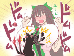  anger_vein black_cat black_hair blush bow breasts center_frills closed_eyes collared_shirt commentary_request feline female frills green_bow hair_between_eyes hairbow huge_breasts impossible_clothes impossible_shirt kaenbyou_rin kaenbyou_rin_(cat) long_hair nose_blush oerba_yun_fang open_mouth otoufu_(wddkq314band) reiuji_utsuho shirt slapping_breasts smile third_eye touhou translated upper_body wavy_mouth white_shirt 