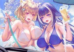  2girls against_glass ahoge animal_ears bikini blonde_hair blue_bikini blue_hair blue_sky body_markings breast_press breasts breasts_on_glass cat_ears cat_girl cleavage commission facial_mark fangs hair_ornament hairclip heart heart_ahoge highres holding holding_hose holding_sponge hose indie_virtual_youtuber large_breasts long_hair looking_at_viewer megumi_(piyo7piyo9) multicolored_hair multiple_girls o-ring o-ring_bikini open_mouth orca_girl purple_eyes red_eyes shylily shyrei_faolan skeb_commission sky smile soap_bubbles sponge streaked_hair swimsuit virtual_youtuber vyugen washing_vehicle white_bikini white_hair 