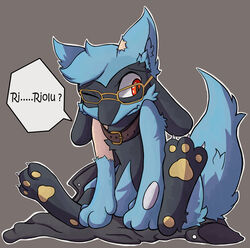  absurd_res ambiguous_gender anthro black_body black_fur blue_body blue_fur canid canine cheek_tuft claws collar collar_only digitigrade eyewear facial_tuft fur fur_growth generation_4_pokemon glasses grey_background growth head_tuft hi_res human human_to_anthro inner_ear_fluff leg_markings mammal markings mid_transformation nintendo nude one_eye_closed oshoku_momiji pawpads pokemon pokemon_(species) red_eyes riolu shaded simple_background sitting socks_(marking) solo species_transformation toe_claws transformation tuft 