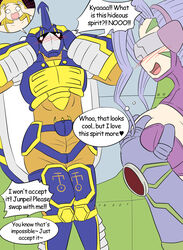  animal_humanoid armor arthropod arthropod_humanoid bandai_namco beetlemon blush blush_lines bodily_fluids body_swap breast_fondling breast_play breasts cleavage_cutout closed_eyes clothed clothing cutout dialogue digimon digimon_(species) digimon_frontier duo empty_eyes english_text facial_markings female female_(lore) fondling garter_straps gloves hair hand_on_breast handwear head_markings headgear helmet hi_res holding_breast human humanoid implied_transformation insect_humanoid insect_wings insects jp_shibayama kazemon legwear male male_(lore) mammal markings open_mouth purple_hair small_breasts smile stockings sweat sweatdrop text thigh_highs thought_bubble vel_(tsfbunnyboy) visor wide_eyed wings zoe_orimoto 