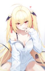  biting black_bra blonde_hair blurry blush bow bra breasts cleavage commentary demon_girl demon_tail female finger_biting finger_in_own_mouth finger_to_mouth head_wings highres kira_(kira78718520) large_breasts long_hair long_sleeves looking_at_viewer off_shoulder open_clothes original partially_unbuttoned red_bow red_eyes simple_background sitting symbol-only_commentary tail twintails underwear wariza white_background wings 