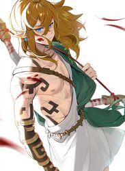  1boy archaic_set_(zelda) blood blood_on_face blue_eyes blurry bow_(weapon) brown_hair closed_mouth commentary_request crossed_bangs earrings hair_between_eyes highres holding holding_strap jewelry leopardtiger link long_hair male_focus pointy_ears solo the_legend_of_zelda the_legend_of_zelda:_tears_of_the_kingdom weapon white_background 