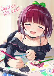  absurdres black_dress blunt_bangs choker closed_eyes colored_pencil congratulations curtains derem_kado drawing dress female highres holding holding_pencil ikazu401 indoors lying milestone_celebration nagisa_arcinia nijisanji nijisanji_id on_stomach open_mouth pencil purple_hair reza_avanluna smile solo virtual_youtuber window 