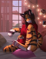  alex_marx anthro bed bedroom bottomless bottomless_female brown_hair clothed clothing colored_nails countershading digital_media_(artwork) fangs feet felid female foot_focus fur furniture green_eyes hair hi_res mammal nail_polish_(object) nails orange_body orange_fur pantherine pawpads paws pillow self_care smile solo string_lights striped_body striped_fur stripes sweater teeth tiger topwear turtleneck yumich 