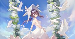  animal arch arknights bird bow breasts bride brown_eyes brown_hair bug butterfly choker cloud commentary_request day dove dress female floral_arch flower hairbow hat highres long_dress looking_at_viewer low_twintails medium_breasts outdoors photoshop_(medium) purestream_(arknights) sideboob sky solo twintails visor_cap wedding_dress white_bird white_butterfly white_dress white_flower wrist_cuffs yizhibao 