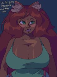  animal_humanoid big_breasts blush breasts canid canid_humanoid canine canine_humanoid cleavage clothed clothing dark_body dark_skin dialogue english_text eyelashes female fox_humanoid geowaffle green_eyes hair humanoid inner_ear_fluff long_hair mammal mammal_humanoid open_mouth pupils slit_pupils solo terraria text tuft zoologist_(terraria) 