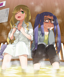  2girls :i ;d ashiyu black-framed_eyewear black_pants blonde_hair blunt_bangs bra bra_peek collared_dress dress foot_bath frown glasses green_eyes green_shirt grey_jacket hair_down half-closed_eyes head_rest highres indoors inuyama_aoi jacket leaning_forward long_hair long_sleeves medium_dress minawa multiple_girls oerba_yun_fang one_eye_closed oogaki_chiaki open_clothes open_jacket pants pants_rolled_up partially_unbuttoned pout purple_hair red_eyes shirt short_sleeves sidelocks sitting skin_fang smile soaking_feet steam sweatdrop thick_eyebrows twintails unbuttoning underwear undressing water white_dress yurucamp 