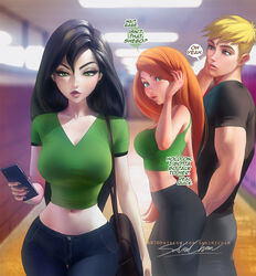  1boy 2girls black_hair blonde_hair breasts disney distracted_boyfriend english_text female ginger_hair handbag kim_possible kimberly_ann_possible large_breasts long_hair male meme multiple_girls phone ron_stoppable sakimichan shego short_hair text 