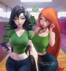  2girls big_breasts black_hair breasts disney english_text female female_only fixing_hair ginger_hair handbag kim_possible kimberly_ann_possible long_hair multiple_girls phone sakimichan shego text 