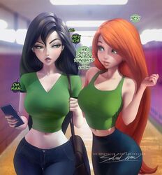  2girls big_breasts black_hair breasts disney english_text female female_only ginger_hair handbag kim_possible kimberly_ann_possible long_hair multiple_girls phone sakimichan shego text 