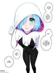  artist_name blue_hair commentary cosplay daisy_(fellatrix) dated english_commentary english_text fellatrix female green_eyes hair_over_one_eye looking_at_viewer marvel medium_hair original simple_background solo speech_bubble spider-gwen spider-gwen_(cosplay) spider-man_(series) subscribestar_username watermark web_address white_background 