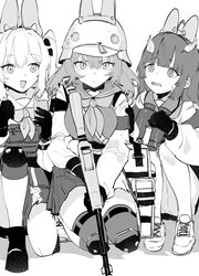  3girls :d @_@ absurdres ahoge animal_ears armband assault_rifle bad_id bad_twitter_id binoculars blue_archive breasts bulletproof_vest cellphone closed_mouth commentary ddari fake_animal_ears gloves greyscale gun helmet highres knee_pads kneeling lahti-saloranta_m/26 leaf leaf_on_head light_machine_gun load_bearing_equipment long_hair long_sleeves looking_at_viewer medium_breasts medium_hair miyako_(blue_archive) miyu_(blue_archive) monochrome multiple_girls neckerchief on_one_knee open_mouth pantyhose phone pleated_skirt rabbit_ears rabbit_platoon_(blue_archive) rifle sailor_collar saki_(blue_archive) school_uniform skirt smartphone smile squatting tactical_clothes thighhighs thighs twintails v-shaped_eyebrows weapon 