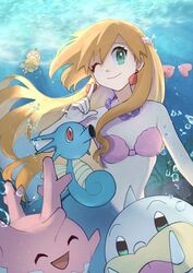  air_bubble be_syake bikini blush breasts bubble corsola earrings female green_eyes hair_ornament highres horsea jewelry kasumi_(pokemon) long_hair looking_at_viewer mermaid mermaid_costume mermaid_misty_(pokemon) monster_girl necklace one_eye_closed open_mouth orange_hair pokemon pokemon_(anime) pokemon_(classic_anime) pokemon_(creature) psyduck seashell seel shell shell_bikini small_breasts smile swimsuit underwater water 