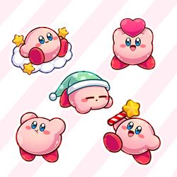  5boys :d :t blue_eyes blush_stickers closed_eyes closed_mouth cloud commentary diagonal_stripes english_commentary full_body happy hat heart highres holding holding_wand hylianruto jumping kirby kirby:_right_back_at_ya kirby_(series) lying multiple_boys nightcap no_humans on_cloud on_stomach open_mouth running simple_background sitting sleep_kirby sleeping smile standing star_(symbol) star_rod star_wand striped striped_background wand 