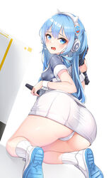  absurdres animal_ear_headphones animal_ears ass blue_eyes blue_hair blush breasts dress fake_animal_ears female from_behind full_body goddess_of_victory:_nikke headphones headset highres holding holding_magazine_(weapon) holding_weapon kamikili kneeling long_hair looking_at_viewer looking_back magazine_(weapon) open_mouth panties shifty_(nikke) shoes short_sidetail short_sleeves sidelocks small_breasts smiley_face sneakers socks solo thighs underwear weapon white_panties white_socks wrist_cuffs 