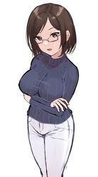  breasts brown_eyes brown_hair cleavage commentary_request covered_navel cowboy_shot crossed_arms female forehead glasses highres large_breasts long_sleeves looking_at_viewer mole mole_under_eye niaru_(r2pi) open_mouth original pants parted_bangs short_hair simple_background solo standing sweater taut_sweater white_background white_legwear white_pants 