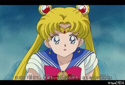  1990s_(style) bishoujo_senshi_sailor_moon bishoujo_senshi_sailor_moon_(first_season) blonde_hair blue_eyes blue_sailor_collar choker circlet crescent crescent_earrings double_bun earrings fake_screenshot female hair_bun jewelry letterboxed long_hair magical_girl parted_lips retro_artstyle sailor_collar sailor_moon sailor_senshi_uniform solo tadano_kazuko_(style) tam_(tam0804) tearing_up transformation_brooch_(sailor_moon) translated tsukino_usagi twintails upper_body 