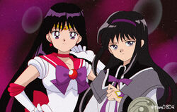  1990s_(style) 2girls akemi_homura akemi_homura_(magical_girl) bishoujo_senshi_sailor_moon black_hair closed_mouth cristina_valenzuela crossover gloves hand_on_own_hip hand_up hino_rei itou_ikuko_(style) long_hair long_sleeves magical_girl mahou_shoujo_madoka_magica mahou_shoujo_madoka_magica_(anime) multiple_girls purple_eyes purple_headwear retro_artstyle sailor_mars sailor_senshi_uniform shirt smile tam_(tam0804) voice_actor_connection white_gloves white_shirt 