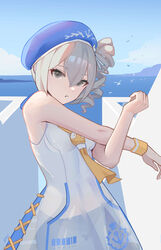  :o absurdres ai_dongdong bare_arms bare_shoulders beret blue_hat blue_sky breasts bronya_zaychik bronya_zaychik_(valkyrie_chariot) cloud commentary day dress drill_hair female grey_eyes grey_hair hair_between_eyes hat highres honkai_(series) honkai_impact_3rd looking_at_viewer outdoors parted_lips see-through side_drill sky sleeveless sleeveless_dress small_breasts solo stretching white_dress wrist_cuffs 