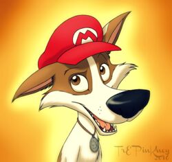  black_nose burning-wolf-promise canid canine canis clothing domestic_dog fangs female feral hat headgear headwear jewelry looking_aside mammal mario_bros mario_hat necklace nintendo open_mouth simple_background solo space_dogs strelka teeth tongue 