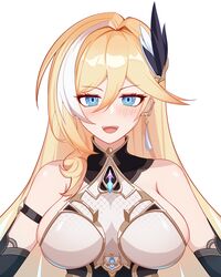  :d absurdres armor bare_shoulders bianka_durandal_ataegina bianka_durandal_ataegina_(palatinus_equinox) blonde_hair blue_eyes breasts commentary_request earrings female hair_ornament highres honkai_(series) honkai_impact_3rd jewelry large_breasts long_hair looking_at_viewer open_mouth power_man_(xy1950314788) simple_background smile solo upper_body white_background 