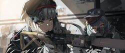  2girls absurdres aiming assault_rifle beret commentary_request eotech fujita_(condor) g11_(girls&#039;_frontline) girls&#039;_frontline gloves green_eyes grey_hair gun h&amp;k_g11 h&amp;k_hk416 hat highres hk416_(girls&#039;_frontline) multiple_girls rifle suppressor weapon yellow_eyes 