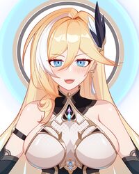  :d absurdres armor bare_shoulders bianka_durandal_ataegina bianka_durandal_ataegina_(palatinus_equinox) blonde_hair blue_eyes breasts commentary_request earrings female hair_ornament highres honkai_(series) honkai_impact_3rd jewelry large_breasts long_hair looking_at_viewer open_mouth power_man_(xy1950314788) simple_background smile solo upper_body white_background 