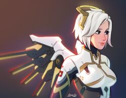  blue_eyes blurry blurry_background bodysuit breasts closed_mouth commentary depth_of_field english_commentary female halo lavelis mechanical_halo mechanical_wings medium_breasts mercy_(overwatch) overwatch overwatch_2 signature smile solo upper_body white_hair wings 