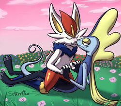  ambiguous/ambiguous ambiguous_gender anthro anthro_on_anthro blue_body blush cinderace closed_eyes detailed_background duo flower fur generation_8_pokemon grass happy inteleon interlocked_fingers interspecies lagomorph leporid mammal multicolored_body multicolored_fur nintendo nose_kiss nose_to_nose on_bottom on_top plant pokemon pokemon_(species) pseudo_clothing reptile romantic romantic_ambiance romantic_couple scalie signature starrffax tail white_body white_ears white_fur white_tail yellow_inner_ear 