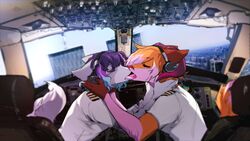  16:9 2023 9/11 anthro blue_highlights canid canine claws closed_eyes clothed clothing cockpit digital_drawing_(artwork) digital_media_(artwork) duo ears_back electronics eyelashes finger_claws fireflufferz fox french_kissing fur grey_body grey_fur hair headphones hi_res highlights_(coloring) horn imminent_death inside_airplane kissing mammal orange_hair pandora&#039;s_fox photo_background photography_(artwork) pilot pilot_uniform pink_body pink_fur pink_highlights pink_nose pink_tongue pivoted_ears purple_hair red_fox shaded snout tail tongue true_fox widescreen 