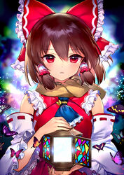  ainy ascot bare_shoulders blue_ascot blush bow brown_hair brown_scarf bug butterfly commentary_request detached_sleeves female frilled_bow frilled_shirt_collar frilled_sleeves frills hair_between_eyes hair_tubes hairbow hakurei_reimu highres holding long_sleeves looking_at_viewer parted_lips photoshop_(medium) red_bow red_eyes scarf short_hair sidelocks solo stained_glass touhou upper_body wide_sleeves 